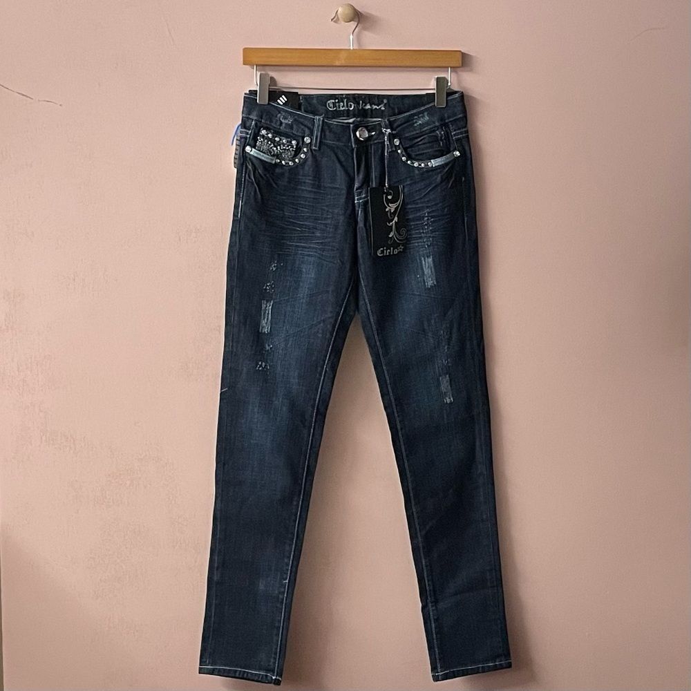 Vintage Cielo Y2K Dark Wash Blue Bejeweled Pocket Low Rise Skinny Jeans Sz 5 NWT